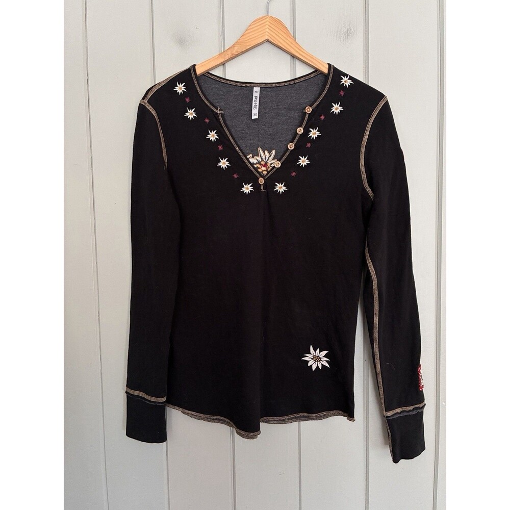 Alp N Rock Top M Medium Embroidered Henley Black Long Sleeve Alpinist Patch